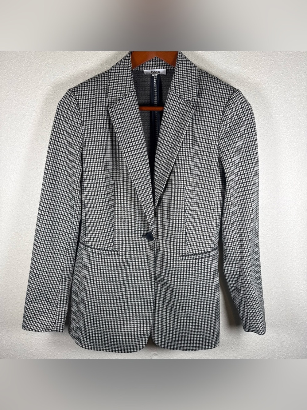 Bar iii Houndstooth Single Button Blazer Cream Green Black S Equestrian Classic